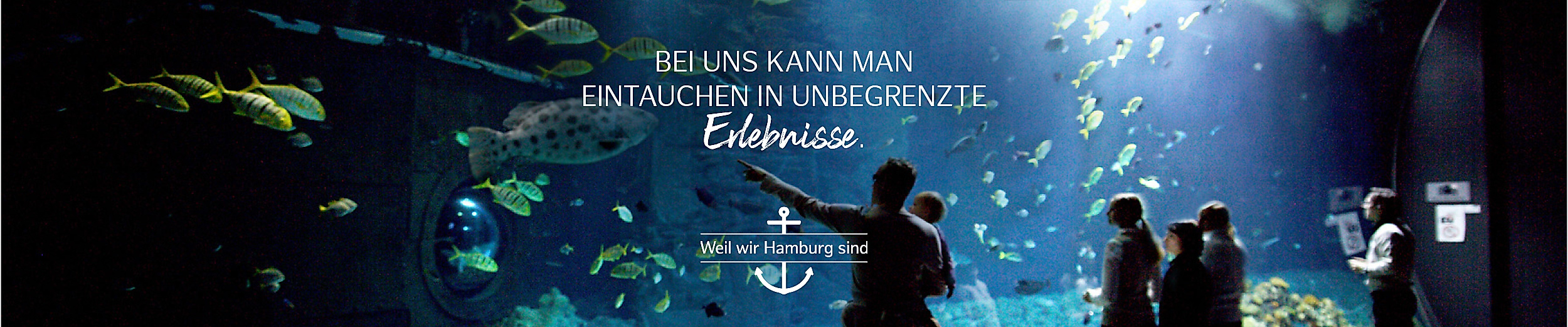 Besuchergruppe vor dem Hai-Atoll im Tropen-Aquarium Hagenbeck, Text: „BEI UNS KANN MAN EINTAUCHEN IN UNBEGRENZTE ERLEBNISSE. WEIL WIR HAMBURG SIND".