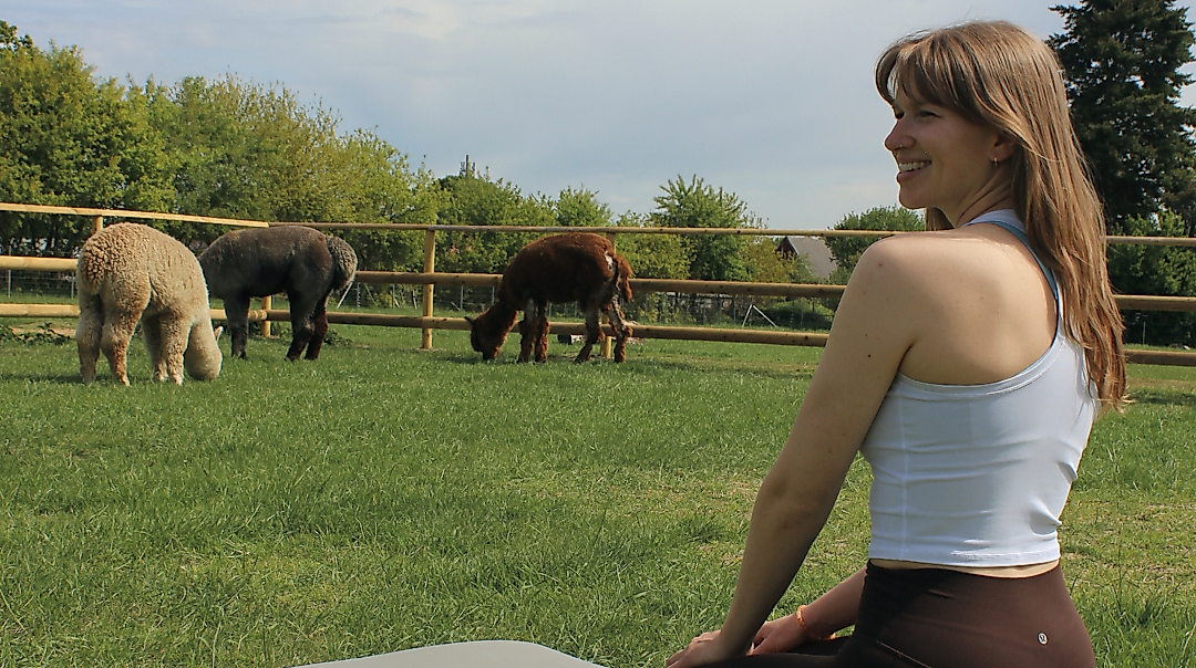 Die Yogalehrerin mit drei Alpakas im Hintergrung.