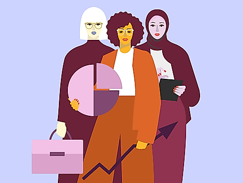 Grafik mit drei Frauen und einem symbolischen Kuchendiagram