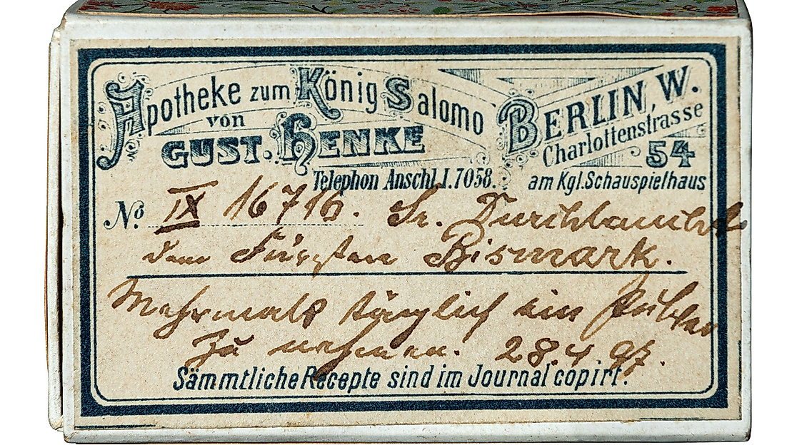 Pillenschachtel der Apotheke zum König Salomon, Berlin, für Otto von Bismarck