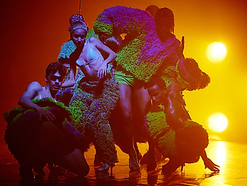 Ausschnitt der Produktion Trapicana. Mehrere Performer*innen stehen in einer tänzerischen Pose nah beieinander und werden von orangenem Licht angestrahlt.