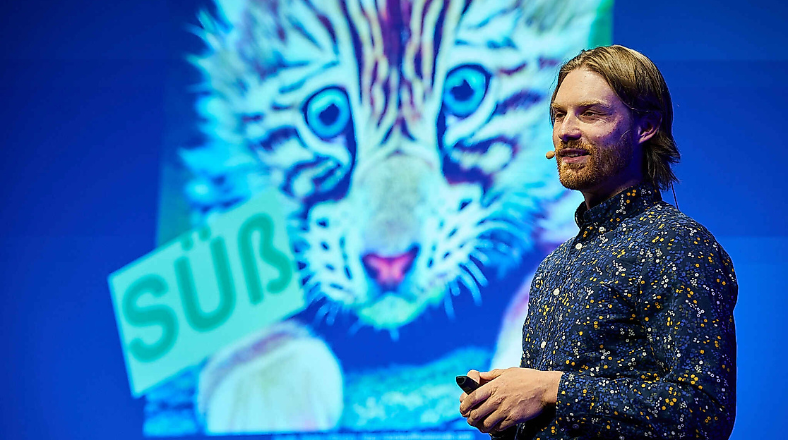 Mann der vor einer Leinwand steht auf der eine Präsentation läuft in der ein Katzenbaby zusehen ist