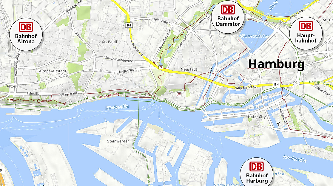 Kartenausschnitt von Hamburg mit der Kennzeichnung aller Bahnhöfe