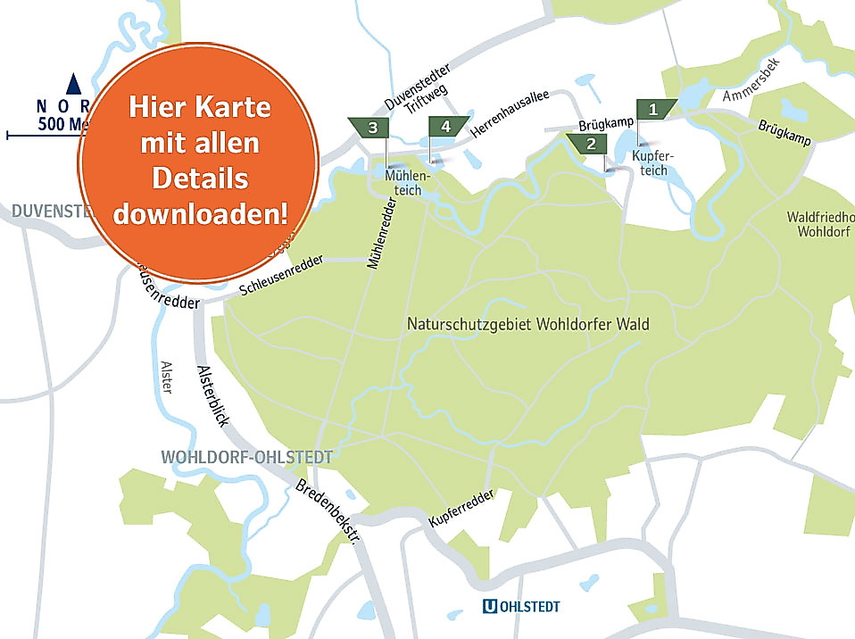 Karte der Wald-Route durch den Wohldorfer Wald in Hamburg mit Wanderwegen, Naturpunkten und Einkehrmöglichkeiten