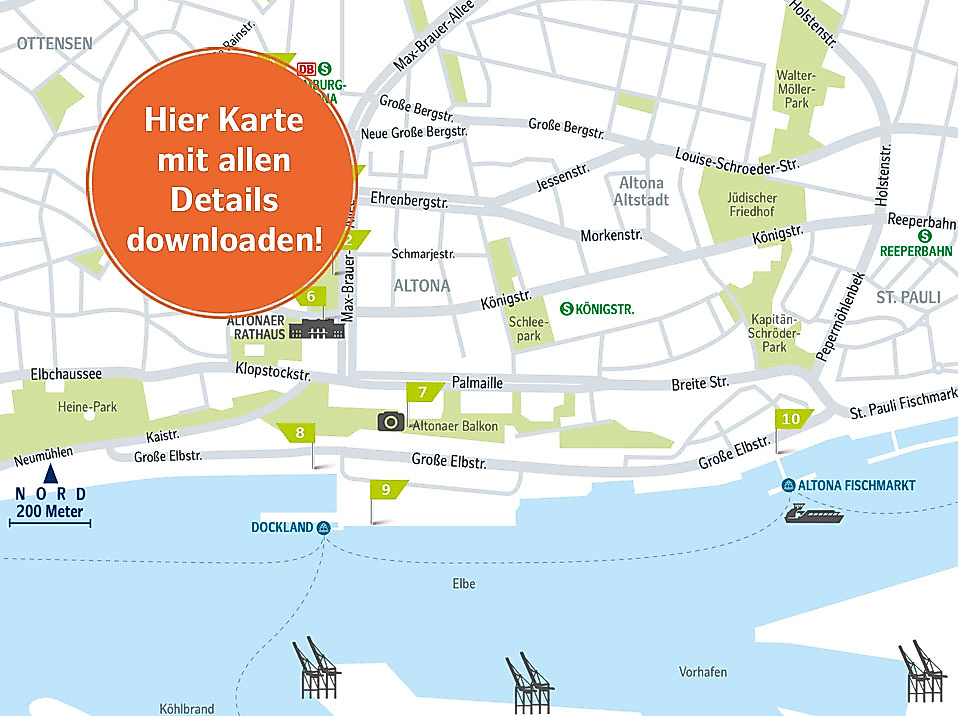 Karte der Panorama-Route durch Altona und Ottensen mit Aussichtspunkten, Parks und kulturellen Highlights