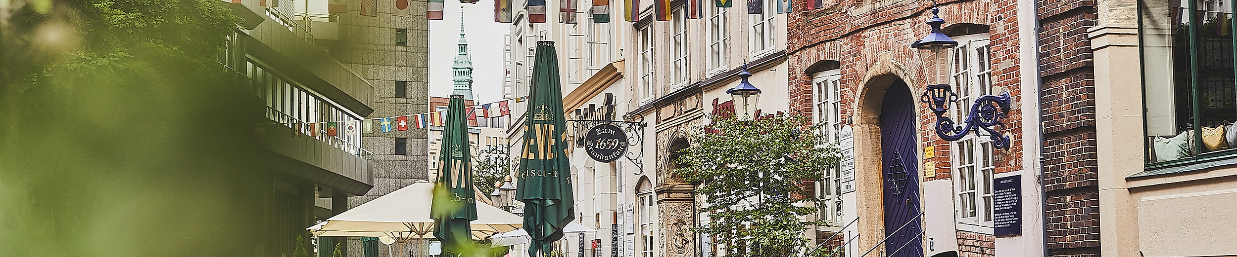 Pflasterstraße mit historischen Fassaden, Straßencafé und Begrünung in der Deichstraße Hamburg