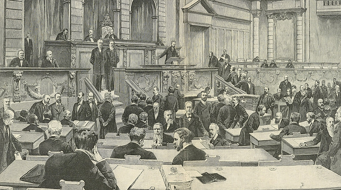 Eine Sitzung des Deutschen Reichstages. Druck nach einem Holzstich von Ewald Thiel, 1897