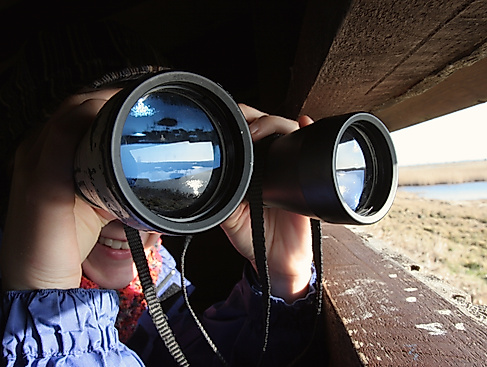 Frau mit Fernglas