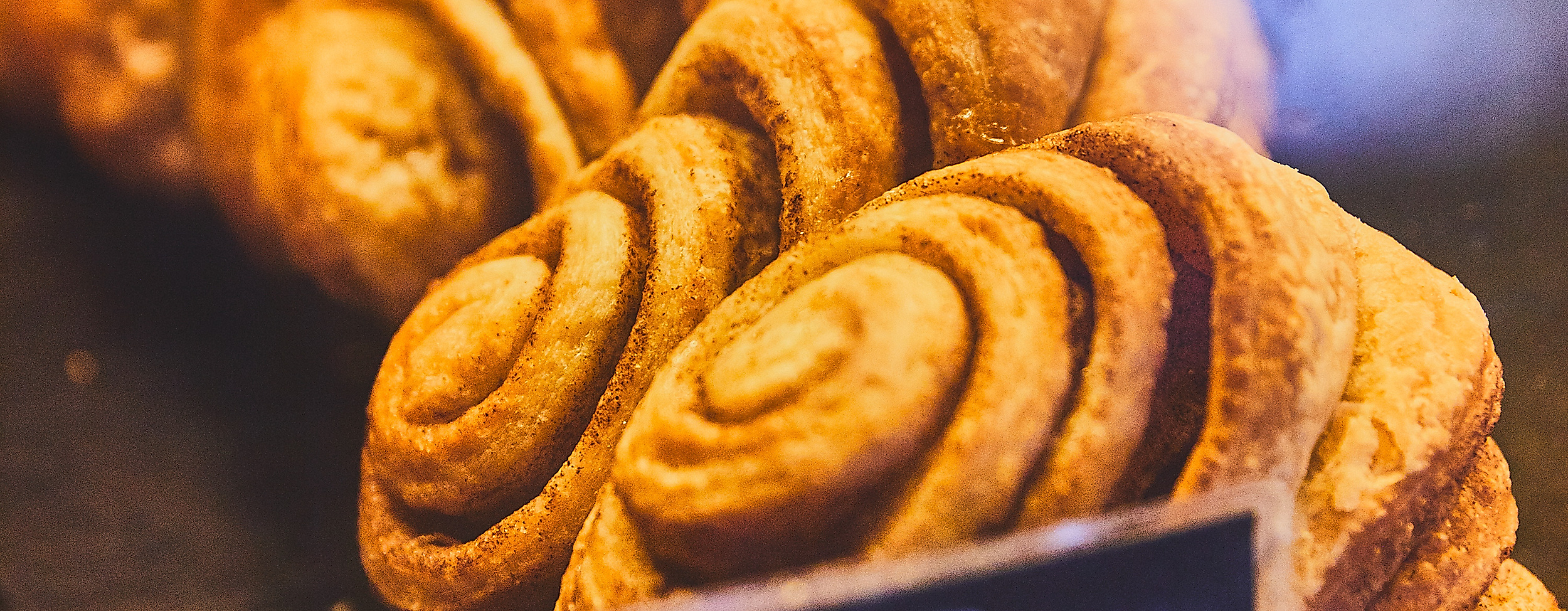 Frisch gebackene Franzbrötchen in der Auslage des Café May, mit Preisschild für 0,90 Euro