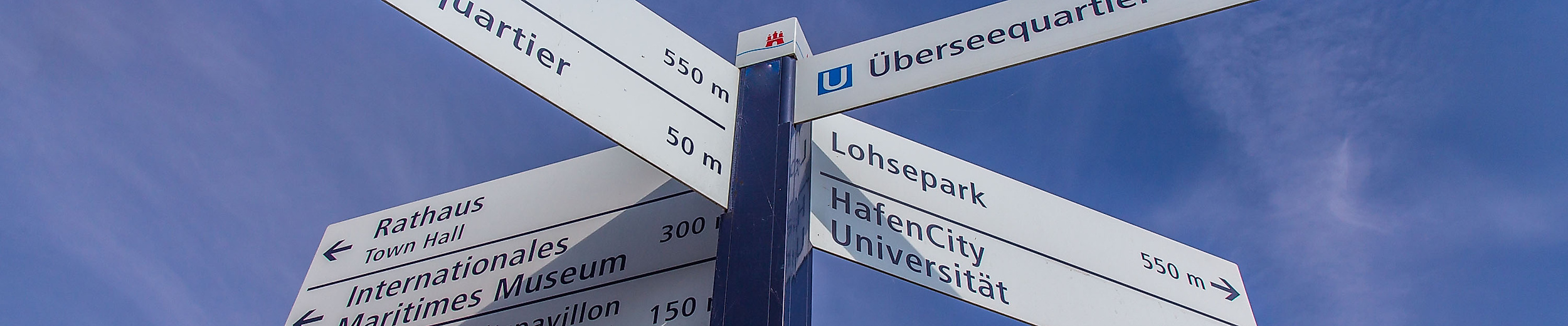  Wegweiser mit Zielen rund um das Überseequartier in Hamburgs HafenCity vor blauem Himmel.