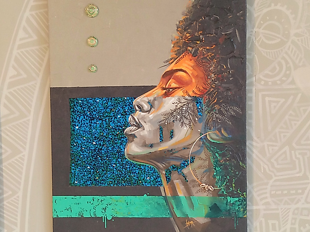 Wandgemälde der Millerntor Gallery mit stilisiertem Porträt und grafischen Farbflächen in Blau, Orange und Grün