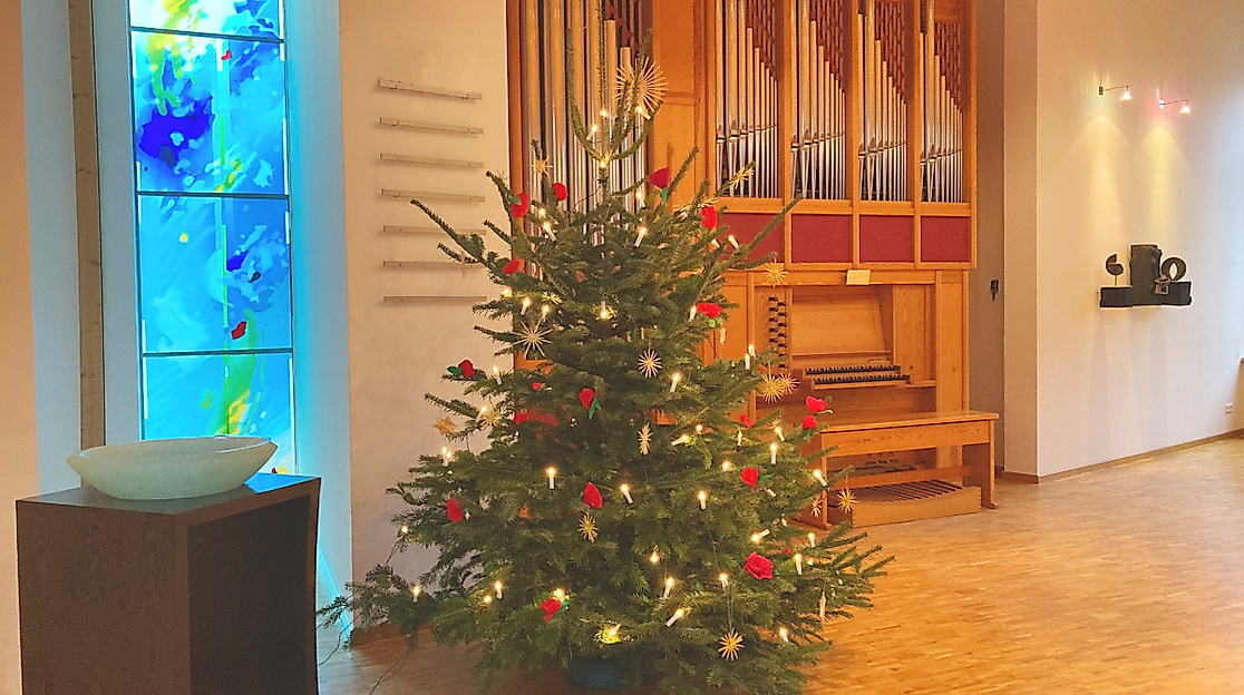 Weihnachtsbaum vor der Orgel im Gottesdienstraum