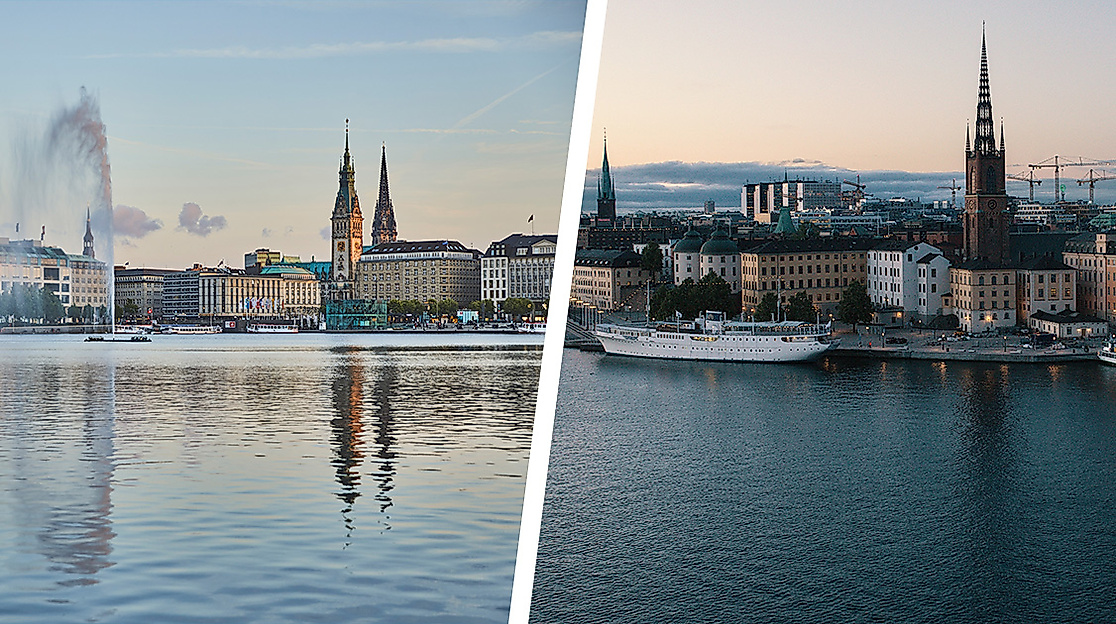 Bilder Collage. Links: Jungfernstieg Hamburg, rechts: Skyline Stockholm