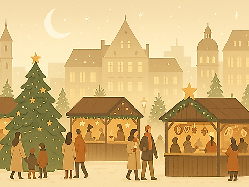 Weihnachtlicher Marktplatz bei Dämmerung
