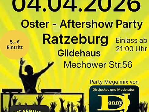 Am 04.04.2026 heißt es: Nach dem Osterfeuer nicht direkt aufs Sofa – macht lieber einen Abstecher zum Gildehaus Ratzeburg, Mechower Straße 56. Ab 21:00 Uhr laden wir herzlich zur After Show Party ein. Trefft euch mit Freund:innen und anderen Menschen aus der Stadt und genießt eine entspannte Atmosphäre mit kühlen Drinks. An unserer Bar gibt es frisch gezapftes Bier vom Fass sowie verschiedene Soft- und Mixgetränke.
DJ Danny sorgt den ganzen Abend für beste Tanzlaune und die besten Partyhits . Feiert mit uns in den Frühling. Wir als Veranstalter der After Show Party möchten dies zum Anlass nehmen und einen Teil der Eintrittsgelder an die teilnehmenden und unterstützenden Vereine des Osterfeuers, wie z.B. den Spielmannszug Ratzeburg, die DLRG, den Rotary-Club usw. spenden. Kommt vorbei und feiert bis in den frühen Morgen.
