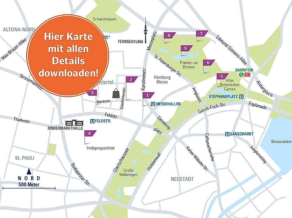 Karte der Szene-Route durch das kreative Karoviertel in Hamburg mit Highlights, Shops und Kulturorten