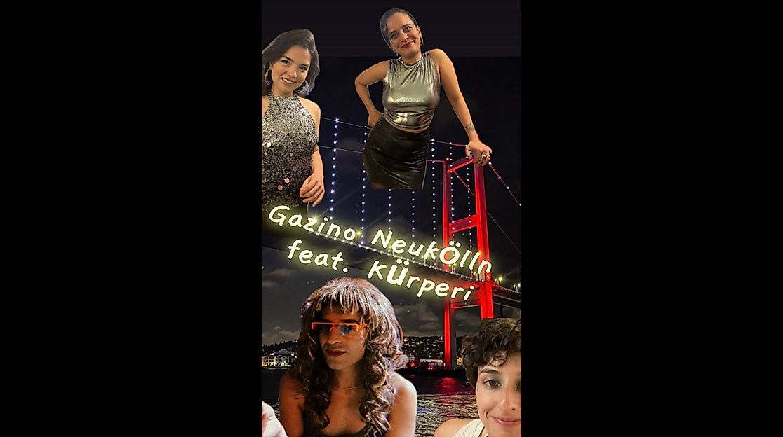 Collage unterschiedlicher Menschen auf dem Hintergrund einer Brücke mit der Aufschrift »Gazino Neukölln feat. Kürperi«