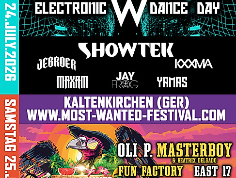 24.07. Electronic Dance Day mit:
Showtek, Jebroer, Kxxma, Maxam, Jay Frog, Yamas

25.07. KaKi Summer Party mit:
Oli P., Masterboy, Fun Factory, East 17, Geier Sturzflug, DJ Quicksilver, Die Junx