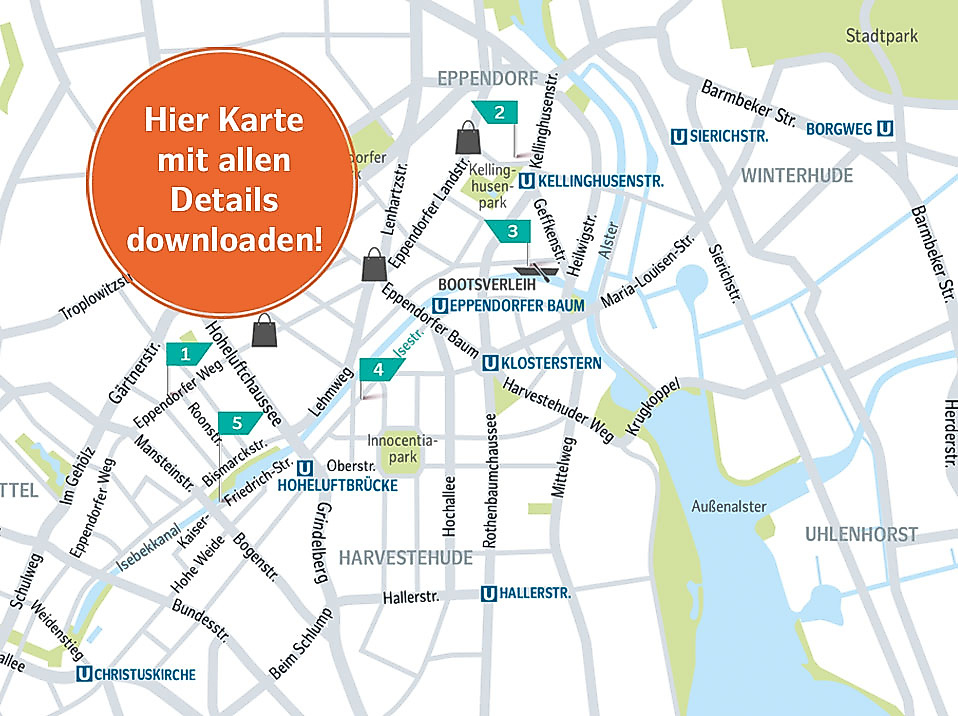Karte der Flanier-Route durch Eimsbüttel und Eppendorf mit Cafés, Shops und Ausflugszielen in Hamburgs Lieblingsvierteln
