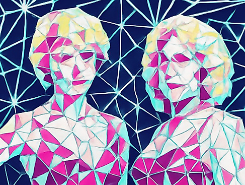 Ein Bild aus mosaikartigen Teilen zeigt zwei Personen mit schulterlangem Haar und einem großen Ausschnitt.