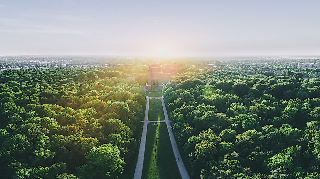 Gerade Allee im Hamburger Stadtpark, von dichtem Baumbestand umgeben, bei Sonnenaufgang in Vogelperspektive