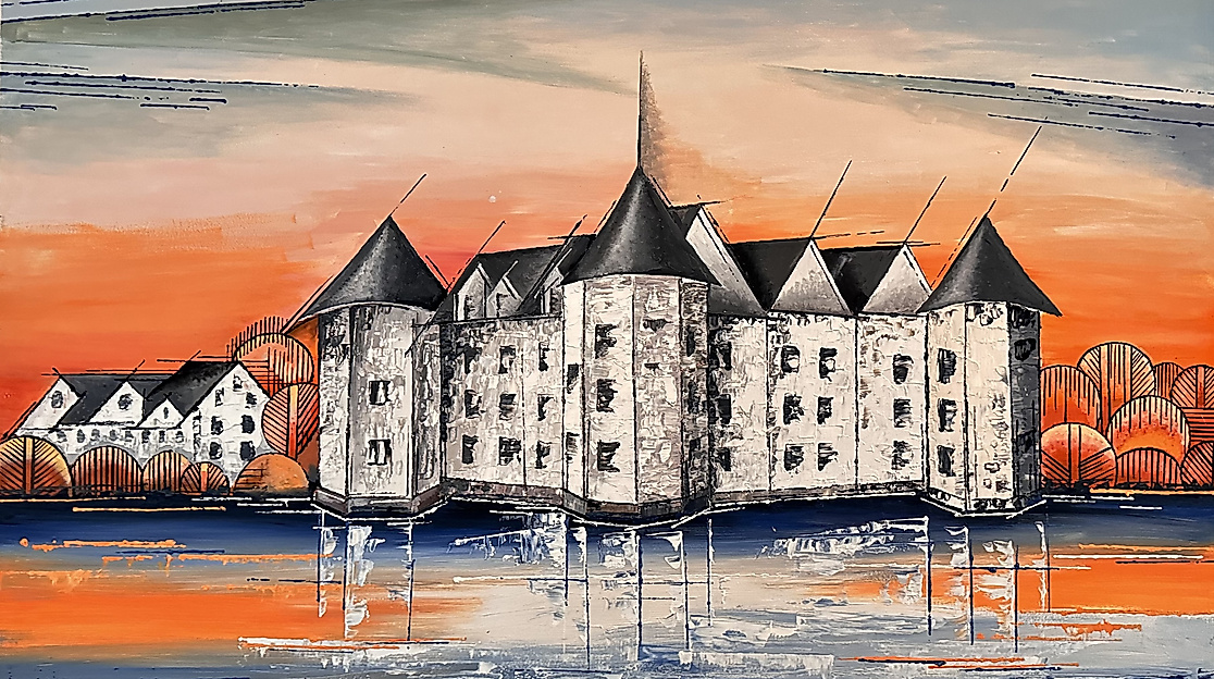 Rochus Langer: Schloss Glücksburg, 90x57 cm Ölmalerei