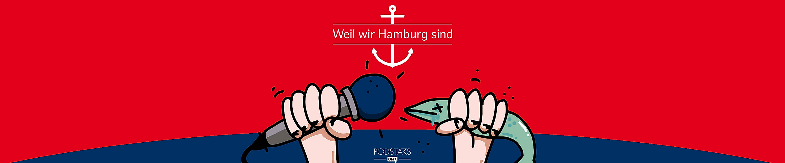 Illustration zum Podcast „Weil wir Hamburg sind“ mit Mikrofon, Fisch und Anker-Logo auf rotem Hintergrund