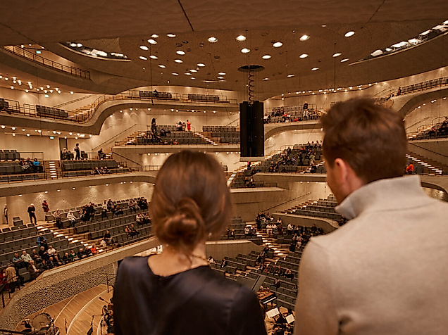 Zwei Personen von hinten mit Blick auf den großen Saal in der Elbphilharmonie