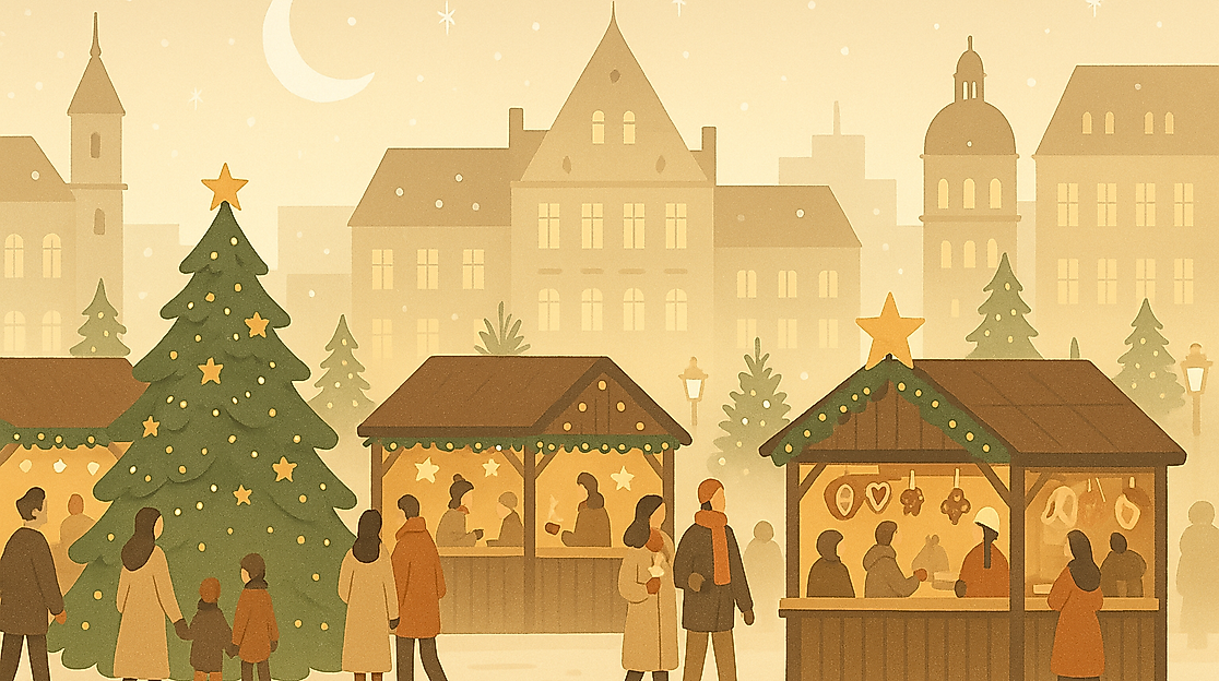 Weihnachtlicher Marktplatz bei Dämmerung