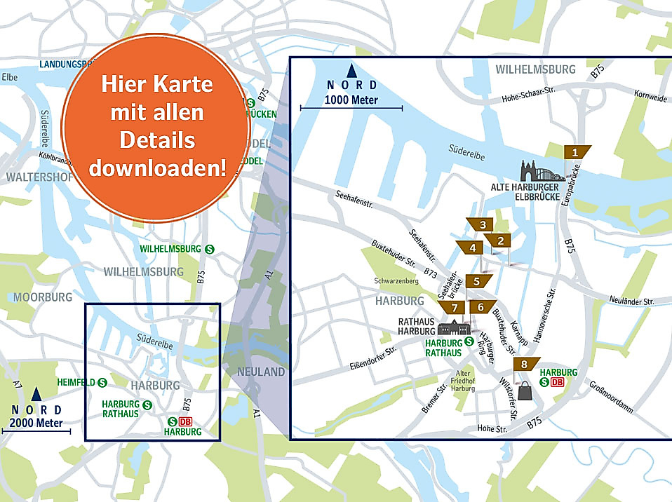 Karte der Kultur-Route in Hamburg-Harburg mit Stationen zu maritimer Architektur, Museen und Streetart