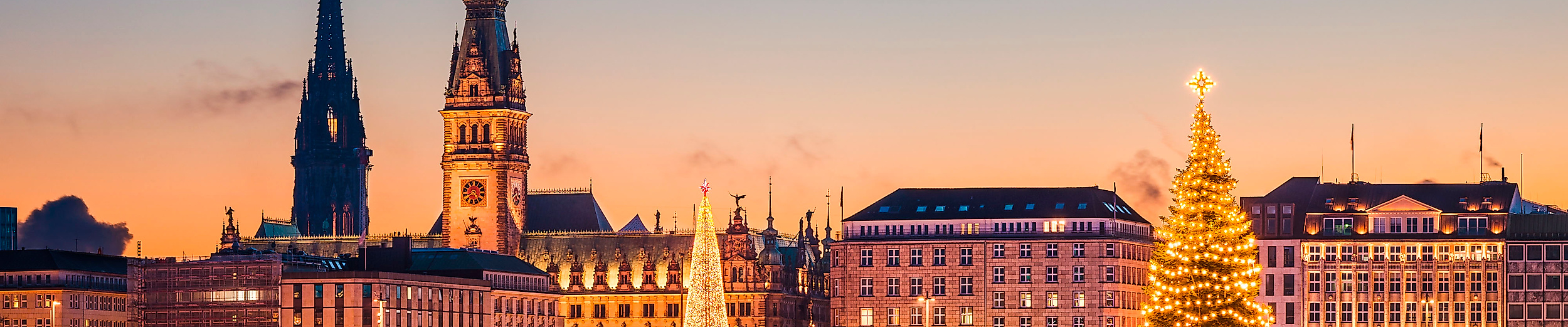 Weihnachtsbaum auf der Alster vor dem beleuchteten Jungfernstieg und der Hamburger Altstadtsilhouette bei Sonnenuntergang.
