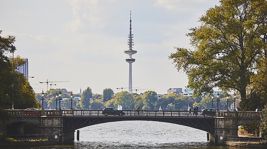 Blick auf die Schwanewikbrücke über die Alster mit Fernsehturm und Stadtpanorama im Hintergrund