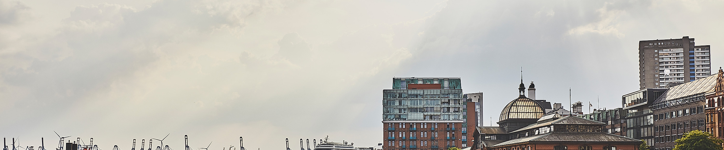 Blick auf das Ufer am Hamburger Fischmarkt mit Promenade, Anleger und historischer Bebauung bei Wolkenhimmel.