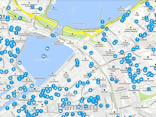 Interaktive Hamburg-Karte mit Icons zu Sehenswürdigkeiten, Gastronomie und öffentlichem Nahverkehr rund um Binnen- und Außenalster.