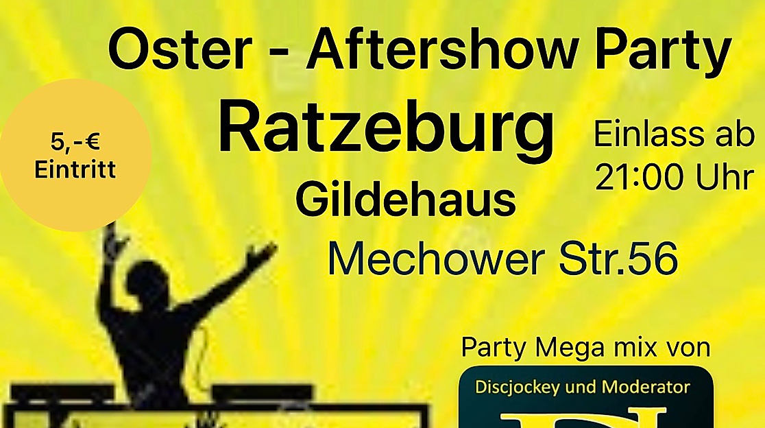 Am 04.04.2026 heißt es: Nach dem Osterfeuer nicht direkt aufs Sofa – macht lieber einen Abstecher zum Gildehaus Ratzeburg, Mechower Straße 56. Ab 21:00 Uhr laden wir herzlich zur After Show Party ein. Trefft euch mit Freund:innen und anderen Menschen aus der Stadt und genießt eine entspannte Atmosphäre mit kühlen Drinks. An unserer Bar gibt es frisch gezapftes Bier vom Fass sowie verschiedene Soft- und Mixgetränke.
DJ Danny sorgt den ganzen Abend für beste Tanzlaune und die besten Partyhits . Feiert mit uns in den Frühling. Wir als Veranstalter der After Show Party möchten dies zum Anlass nehmen und einen Teil der Eintrittsgelder an die teilnehmenden und unterstützenden Vereine des Osterfeuers, wie z.B. den Spielmannszug Ratzeburg, die DLRG, den Rotary-Club usw. spenden. Kommt vorbei und feiert bis in den frühen Morgen.