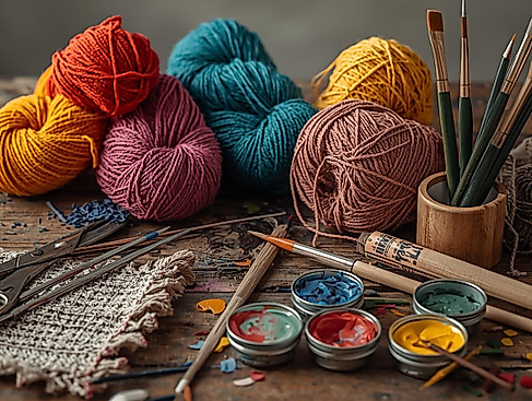 Erstelle ein Bild mit verschiedenen Handarbeitsmaterialien, wie Scheren, Garn, Nadeln, Pinsel, Farben und weiteren, die auf einem Holztisch liegen mit hellem, neutralen Hintergrund.(1)