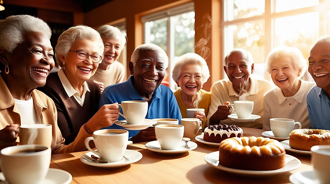 Seniorengruppe bei Kaffee und Kuchen