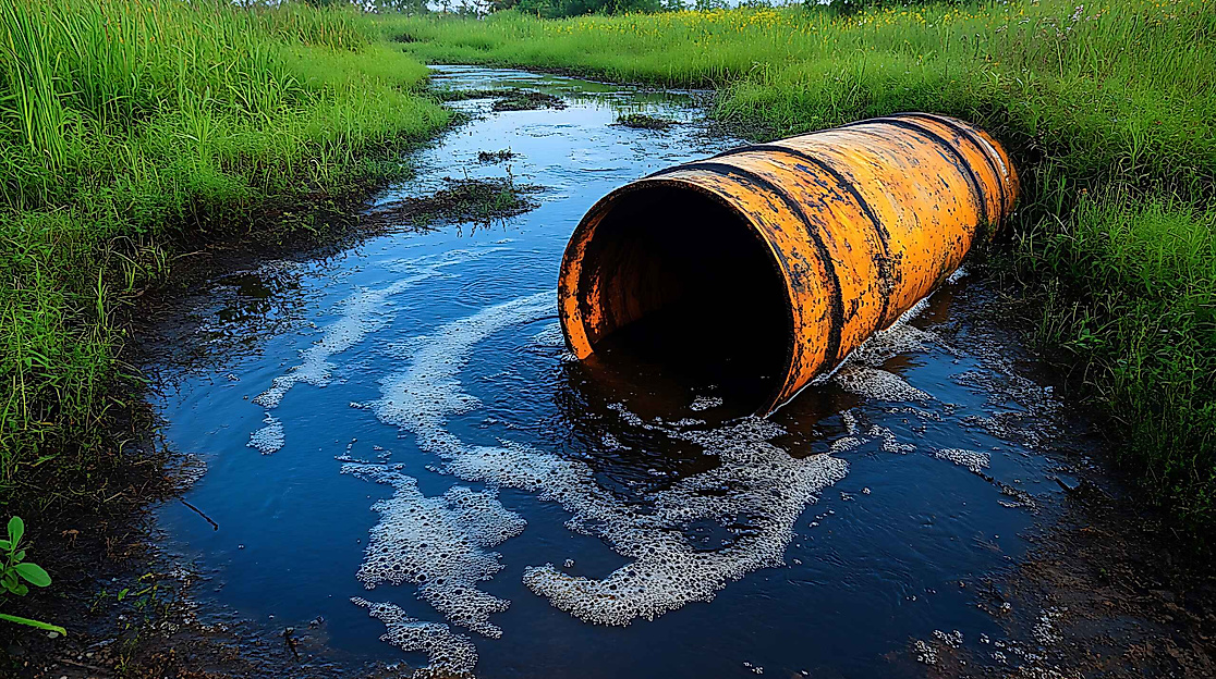 An old orange barrel lays in polluted water with green grass