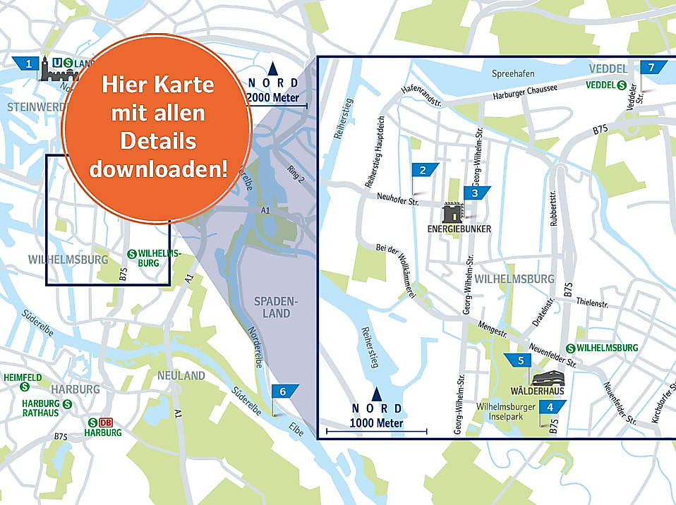 Karte der Stadtnatur-Route von der Hamburger Innenstadt bis Wilhelmsburg mit Naturorten und Erlebnisstationen
