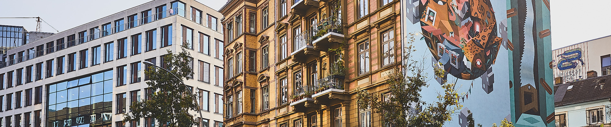Fassaden im Gängeviertel Hamburg mit großflächigem Wandbild und alternativer Stadtkultur