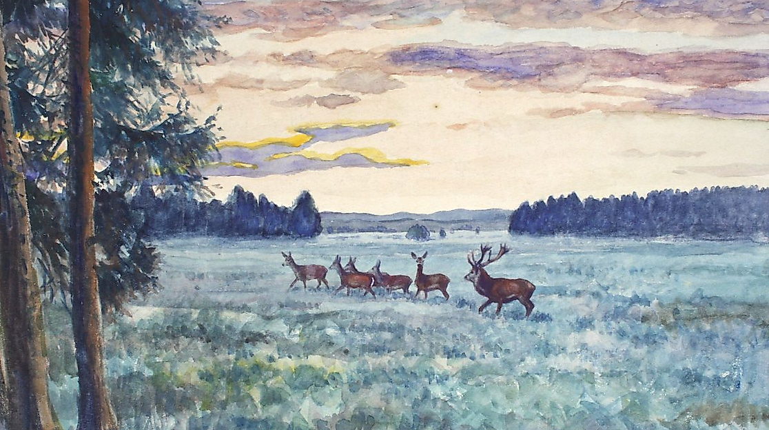 Reinhold Feussner, Hirschrudel in Rominter Heide am frühen Morgen, um 1950