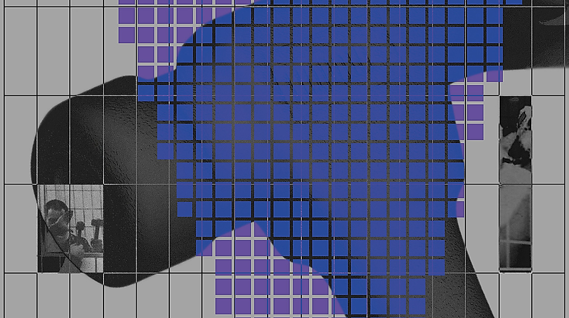 Key Visuel der Ausstellung Hammerschlag von Simon Schultz. Die Grafik zeigt einen Hammer, der von blauen Farbflächen überdeckt ist.