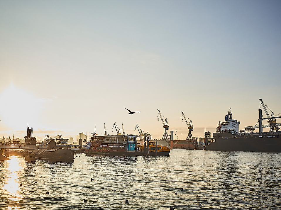 Sonnenaufgang im Hamburger Hafen mit Möwen, Schiffen und silhouettierten Kränen über glitzerndem Wasser