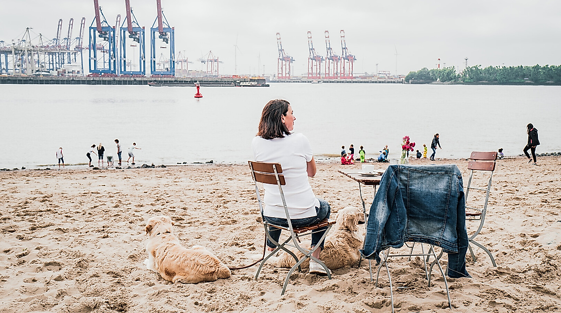 Person sitzt am Elbstrand in Hamburg mit Blick auf Containerkräne im Hafen, umgeben von Strandbesucher:innen