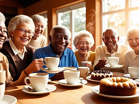 Seniorengruppe bei Kaffee und Kuchen