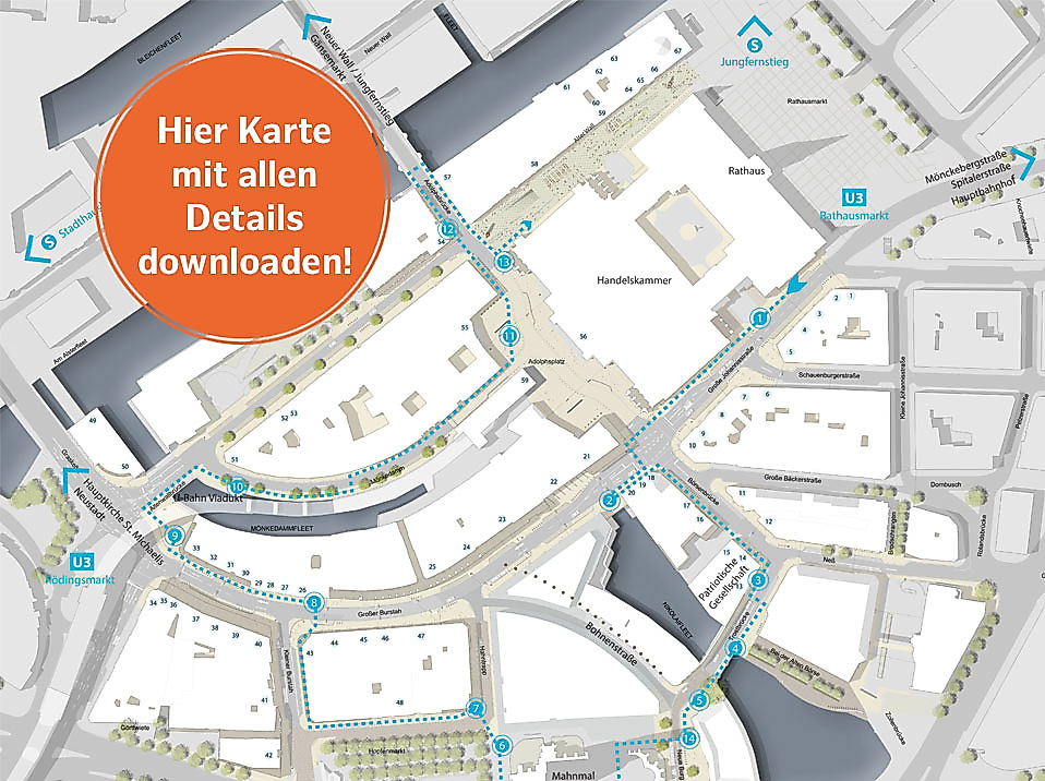 Karte der Geschichtsroute im Nikolaiquartier Hamburg mit Stationen, Wegen und Orientierungspunkten