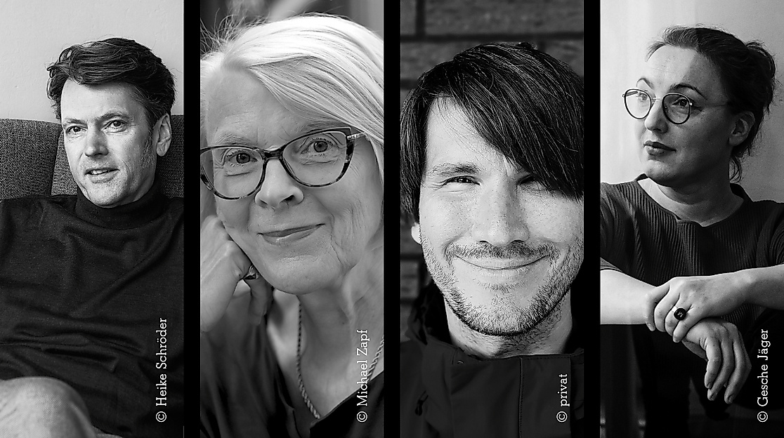Kollage von vier schwarz-weiß Portraitfotos, davon zwei weiblich gelesen und zwei männlich und überwiegend jung aussehend.