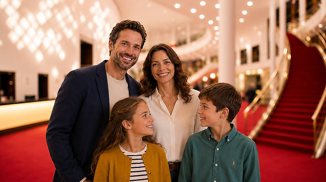 Mutter, Vater und zwei Kinder im Empfangsbereich am Stage Theater am Hafen