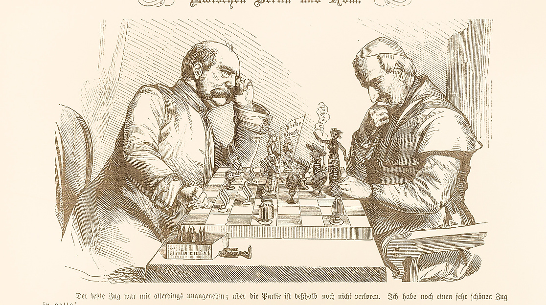 Zwischen Berlin und Rom, Karikatur, in: Kladderadatsch, Heft 22 und 23, 16. Mai 1875
