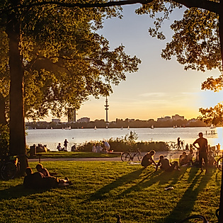 Sonnenuntergang im Alsterpark mit Blick durch Bäume auf entspannte Menschen an der Außenalster